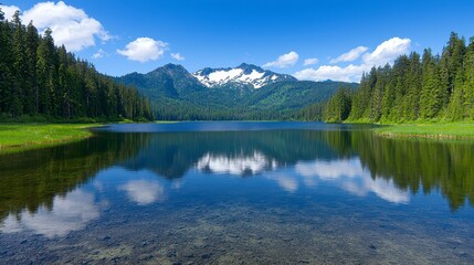 Serene Mountain Lake Reflection in Evergreen Forest
