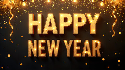 Happy New Year Celebration with Golden Lights and Confetti. Concept of Holiday and Festivity.
