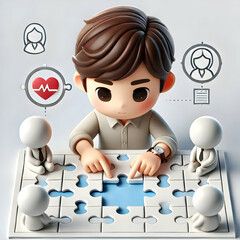 3D Portrait close up of individual team members hands working on a puzzle highlighting personal contribution within team copy space on right. concept as Portrait close up of an individual team members