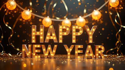 Happy New Year Celebration with Golden Lights and Festive Decorations. Concept of New Year's Eve and Holiday Season.