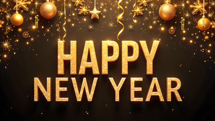 Happy New Year golden text with shiny ornaments. Concept of celebration, new year, and party.