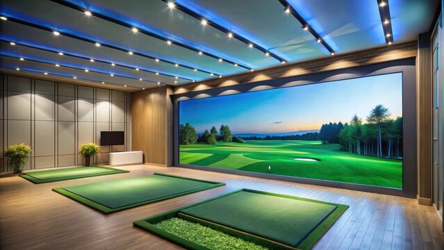 Sleek and modern indoor golf simulator club with advanced technology and vibrant decor, indoor, golf, simulator, club