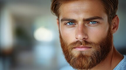 Naklejka premium A close-up portrait of a young man with a beard and striking blue eyes.