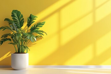 Bright Yellow Wall with Green Plant Casting Shadow in Sunlight  yellow empty interior with plant. with copy space image. Place for adding text or design