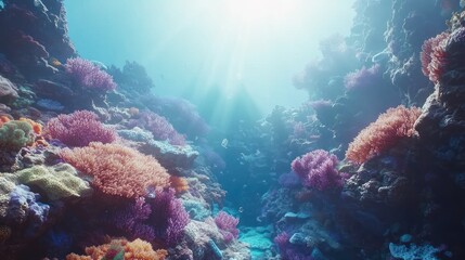 Obraz premium Vibrant coral reef scene with sunlight filtering through, showcasing diverse coral formations and marine life.