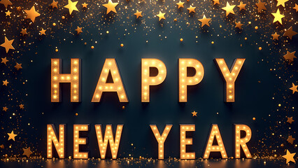 Happy New Year celebration with gold stars. Concept of holiday, party, and event.