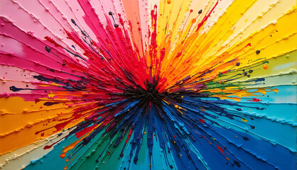 Closeup of abstract rough colorful bold rainbow colors explosion painting texture, dynamic brushstrokes, impasto technique, radial composition, rainbow hues