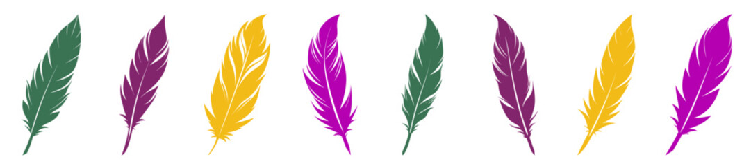 A set of colorful Mardi Gras isolated feather designs, vector illustration