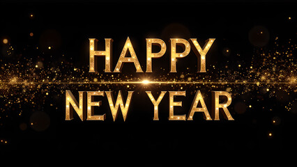 Happy New Year golden text with light and glitter. Concept of celebration and new beginnings.