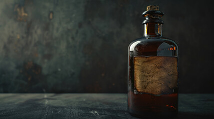 Dark amber apothecary bottle with an aged label, moody lighting