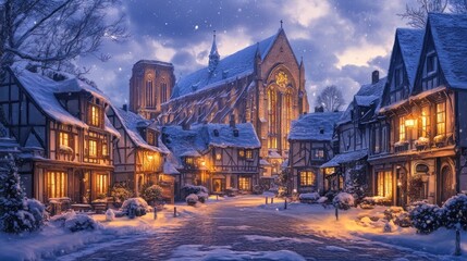 Obraz premium Snowy village street at night with church and illuminated houses.