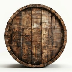 Fototapeta premium Close up of an old wooden barrel lid, highlighting the texture of wood grain and metal rings against a clean white backdrop