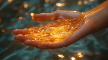 Hand holding shimmering liquid reflecting light