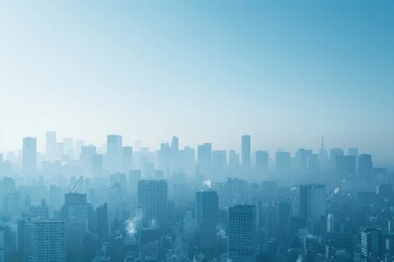 Fototapeta premium Foggy Morning Over a Bustling Urban Cityscape at Dawn With Skyscrapers