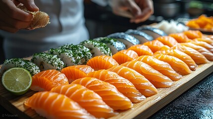 Japanese sashimi preparation sushi restaurant culinary art urban kitchen close-up freshness focus