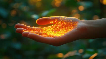 Hand holding glowing particles in a natural background