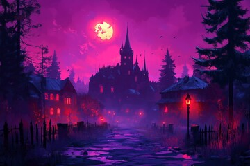 An evocative illustration of a gothic mansion nestled amidst a dense forest, illuminated by the vibrant hues of a purple and crimson twilight sky.