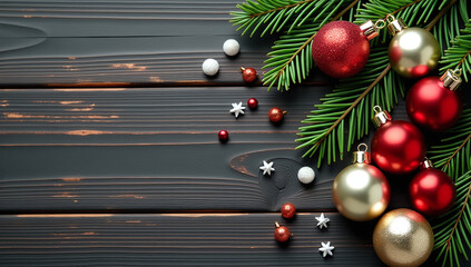 dark wood backdrop holds festive arrangement tiny christmas ornaments scattered evergreen