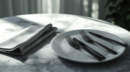 White Dinner Plate on a Marble Tabletop with Elegant Accents