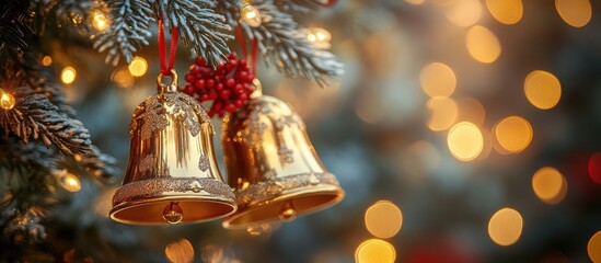 Golden bells ornament hanging on a Christmas tree with bokeh lights.
