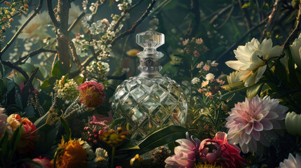 Fototapeta premium Elegant perfume bottle with a vintage-inspired design, surrounded by fresh flowers for a fragrant vibe