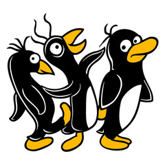 Crazy Penguins Walk Stupid Foot Kick Team Friends Design Lover Art Vector Illustration Card T-Shirt Poster Sticker Graphic Print Decorative Drawing Isolated Logo Decoration Symbol Creative Cool Style