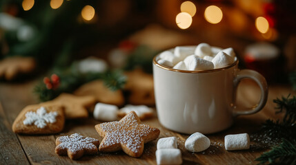Christmas mug of hot cocoa with marshmallows and cookies.