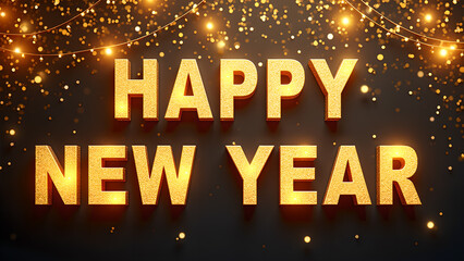 Happy New Year golden text with lights and confetti. Concept of celebration and new beginnings.