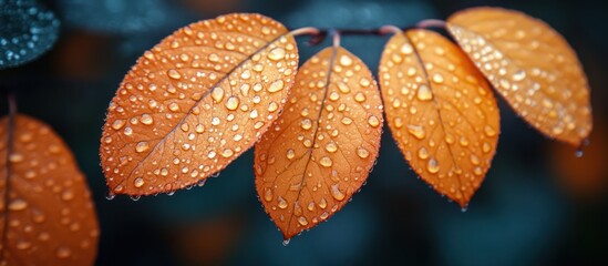 Three orange autumn leaves with water droplets.