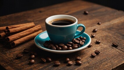 Fototapeta premium Coffee Espresso Cup With Beans And Cinnamon On Wooden Table