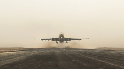 Naklejka premium Aircraft taking off amidst dust storm airport runway action shot harsh environment low angle aviation challenge