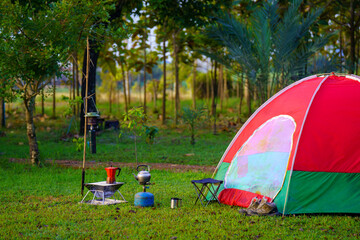 Red camping tent in a big forest, the ground is covered with brown fallen leaves and dry teak leaves in the autumn forest
