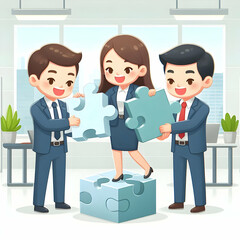 Fototapeta premium Flat Employees Collaborating on 3D Puzzle with Smiles in Open Office - Positive Teamwork and Collaboration with Ample Copy Space