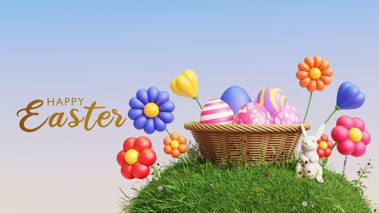 3D render of Easter Day celebration with colorful Easter eggs on a pastel color background