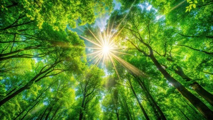 Sun shining through lush green treetops with bright lens flare, sunlight, trees, forest, nature, sunlight, lens flare, greenery