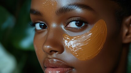 A close-up of a woman applying a skincare mask on her face, showcasing beauty and self-care.