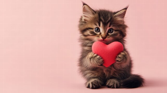 St.valentine day inspired brown kitten with a red heart