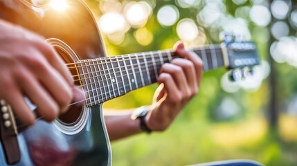 Close-up of hands playing acoustic guitar outdoors in sunlight.