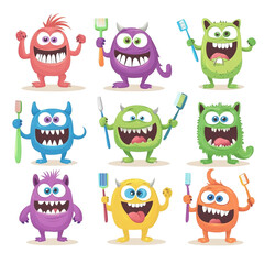Nine Colorful Monsters Brushing Their Teeth: A Fun Illustration for Children's Dental Hygiene