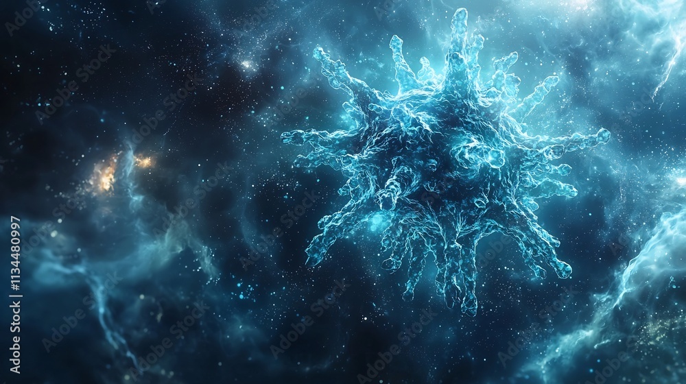 Canvas Prints glowing blue virus particle floating in cosmic sci fi universe