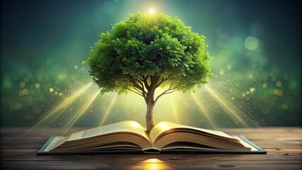 A lush green tree magically emerges from an open book, bathed in warm, ethereal light, symbolizing the growth of knowledge and nature's wisdom.