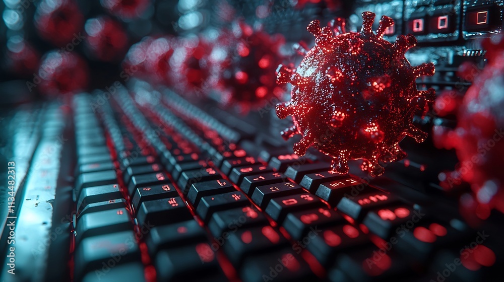 Poster destructive computer virus attacking digital system with red error screens and broken code lines