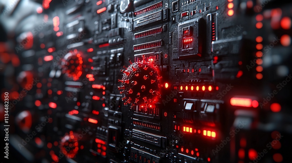 Poster virus attacking computer system with red error screens and broken code