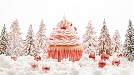 Festive Pink Cupcake Surrounded by Glittering Snow and Christmas Trees, Perfect for Holiday Celebrations and Winter Treats Photography