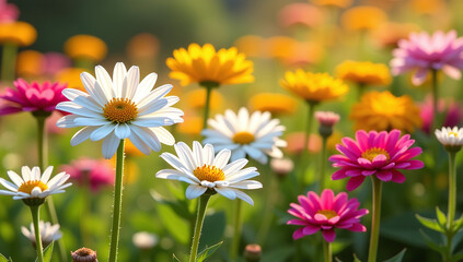 Fototapeta premium leucanthemum maximum blooms freely warm sunlight flowers resembling chrysanthemums varying colors heights throughout