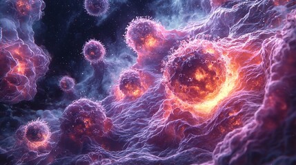 Obraz premium Glowing Viral Mutation Cells Dividing Rapidly in a Lab Symbolizing the Evolving Challenge of Viral Treatments