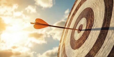 Dart Flying Towards the Bullseye of an Archery Target with a Beautiful Sunset in the Background