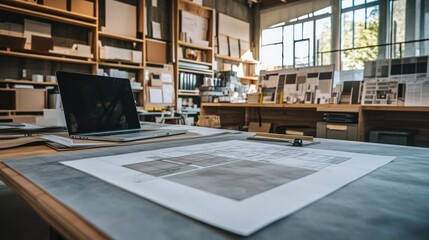 Architect's office workspace with laptop, blueprints, and design materials.