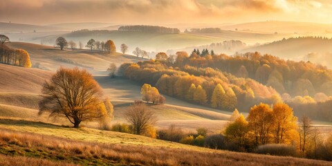 Fototapeta premium Golden Autumnal Hillscape Serene Sunrise Over Rolling Meadows and Colorful Trees