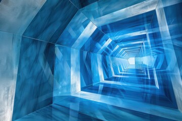Spiraling Blue Geometric Tunnel Created With Vivid Colors and Abstract Patterns in a Surreal Environment